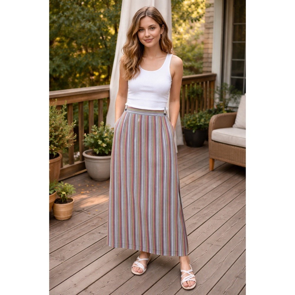Vtg J Peterman Company Striped Wrap Skirt Multi-Color High Waist Boho Size MED